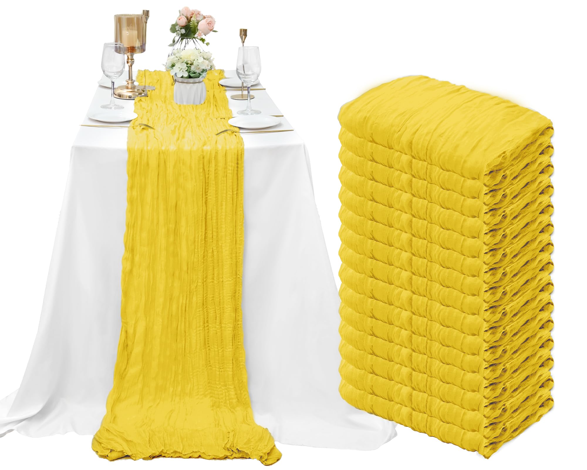 15 Pack Cheesecloth Table Runner 10Ft Gauze Cheese Cloth Table Runner 35 x120 Inch Boho Table Runners for Wedding Banquet Event Birthday Party Bridal Baby Shower Anniversary Summer Table Décor(Yellow) Image