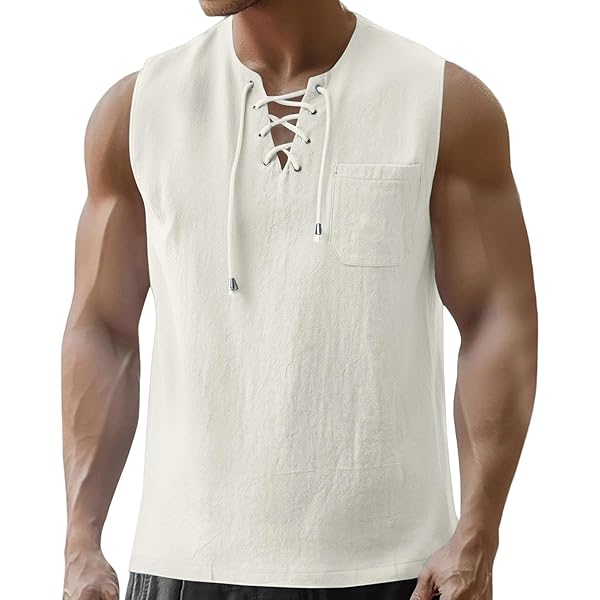 JEsilunmaMY Mens Lace Up Cotton Linen Vests Sleeveless Beach