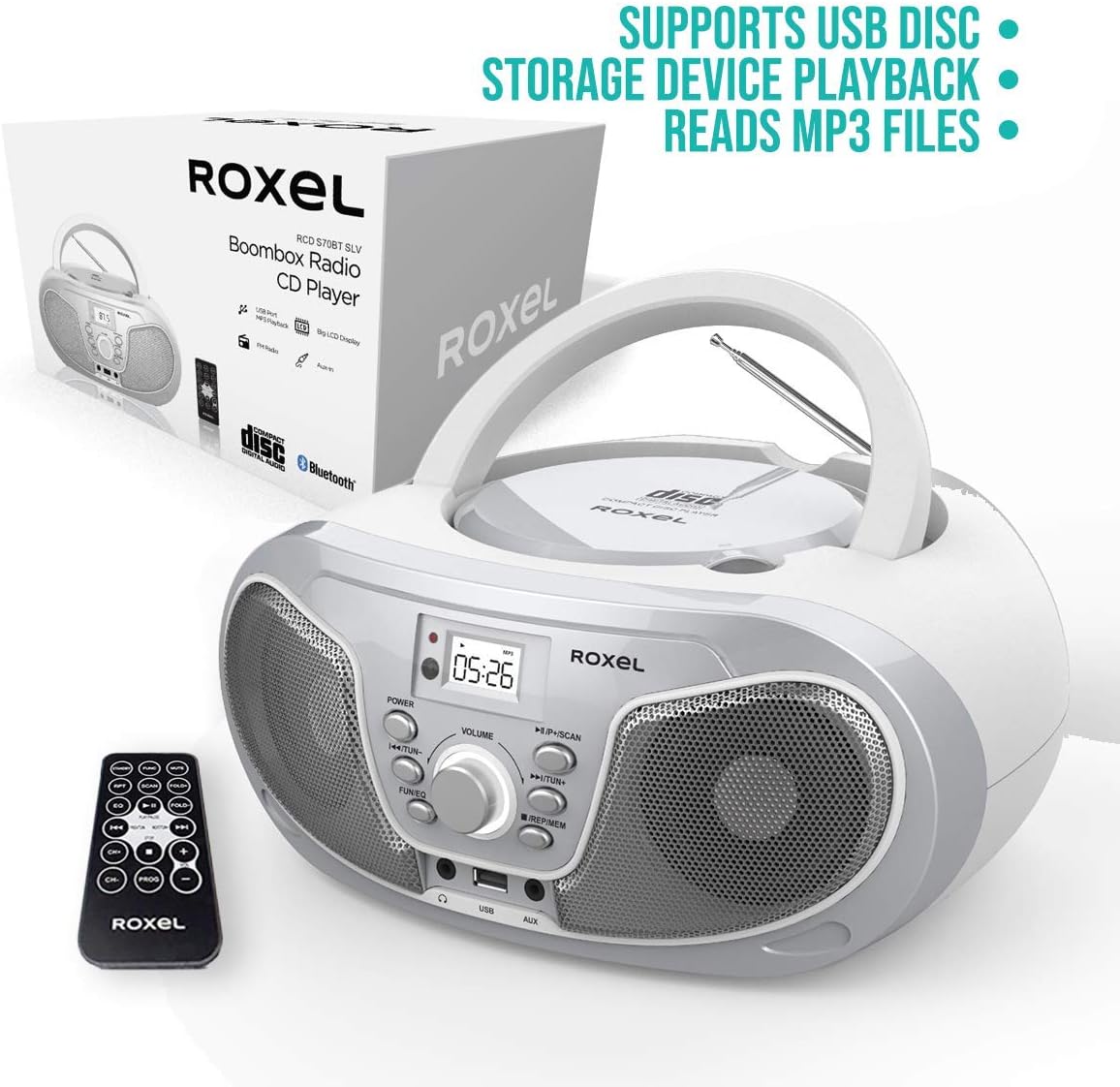 Roxel RCD-S70BT Portable Boombox CD Player with Remote Control, FM Radio, USB MP3 Playback, 3.5mm AUX Input, Headphone Jack - Image 5