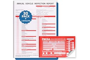 REKZOWN 30-Pack Annual Vehicle Inspection Report Form, 3-Ply Carbonless Form and Hardboard, Includes 30-Pk Red FMCSA DOT Permanent Aluminum Adhesive Stickers, DOT Compliant