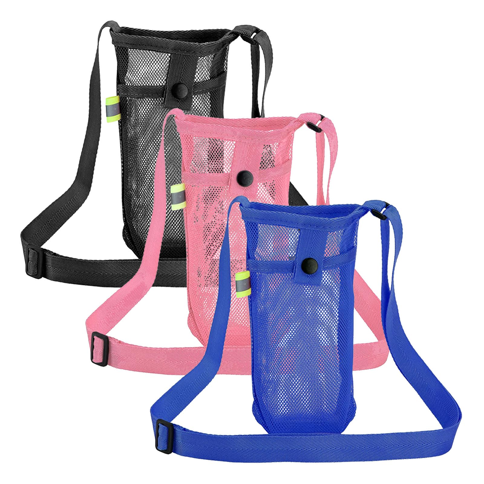 TSHAOUN 3 Pcs Water Bottle Carrier Bag Mesh Water Bottle Bag Beach Bottle Bag Water Bottle Holder with Adjustable Shoulder Strap for Travelling, Camping Climbing, Hiking, Sport (Black,Pink,Blue)