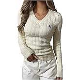 WDIRARA Women's Embroidered V Neck Long Sleeve Sweater Casual Cable Knit Pullover Tops