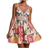 OYOANGLE Women's Floral V Neck Short Cami Dress Shirred Back Ruffle A Line Boho Sundress Hawaiian Outfits