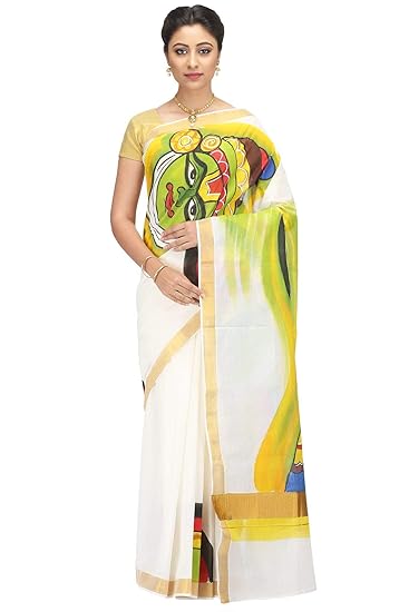 Hand Painted & Handloom Pure White Kerala Cotton Sari.