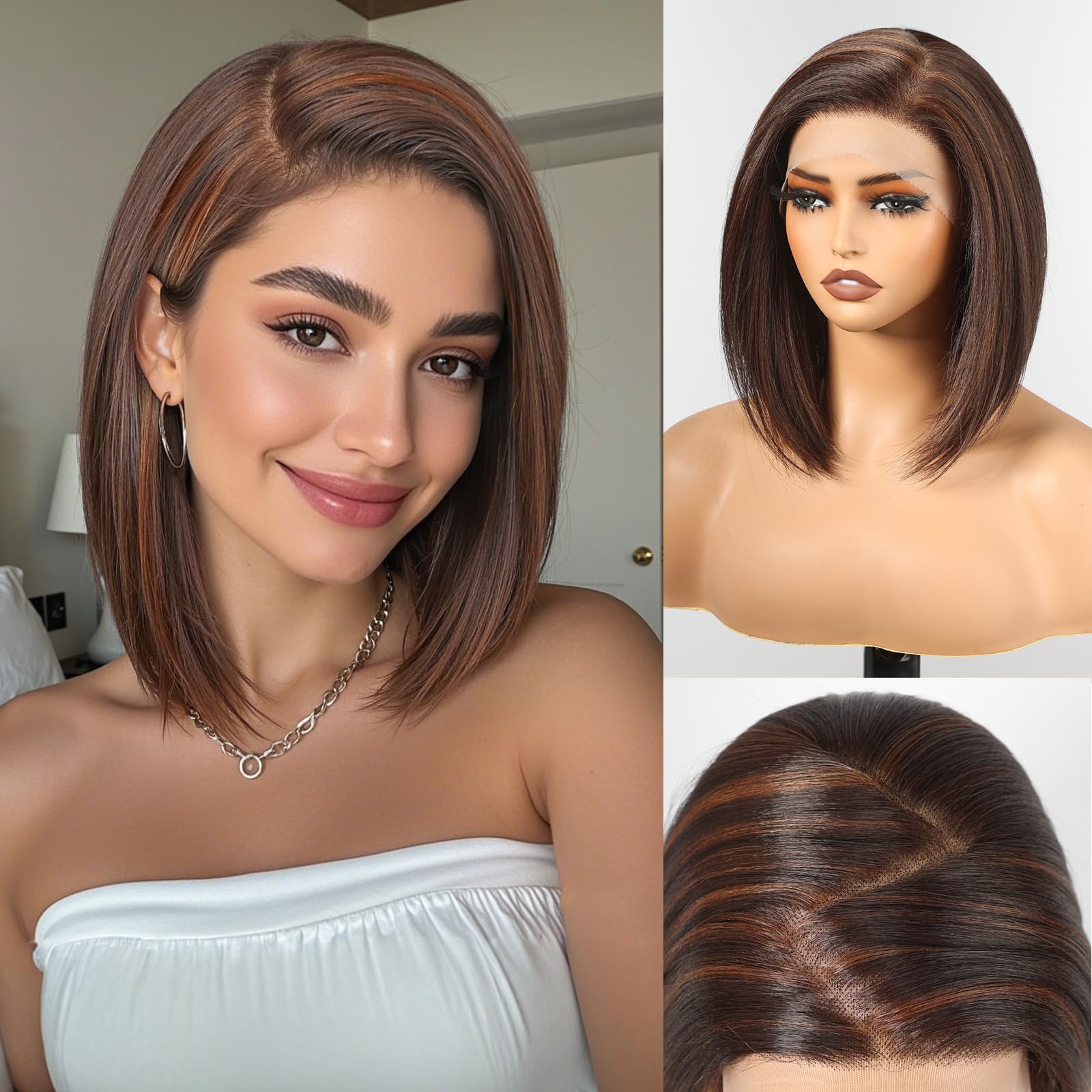 Photo 1 of HAIRCUBE 13x6 HD Synthetic Lace Front Wig, 10 Inch Brown with Highlight Bob Wig Natural Density Hairline Straight Glueless Wig for Women Daily Use