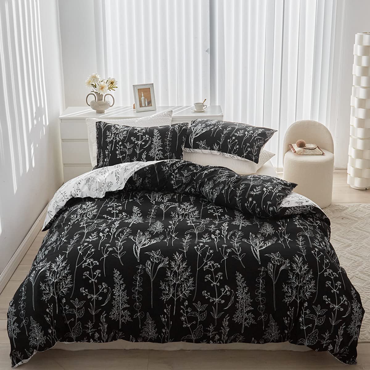 STYHO Floral Duvet Cover Double Size Black and White Flower Plants Printed Bedding Set Soft Reversible Botanical Farmhouse Bedding Quilt Cover with Pillowcases(Black, Double) — image 1