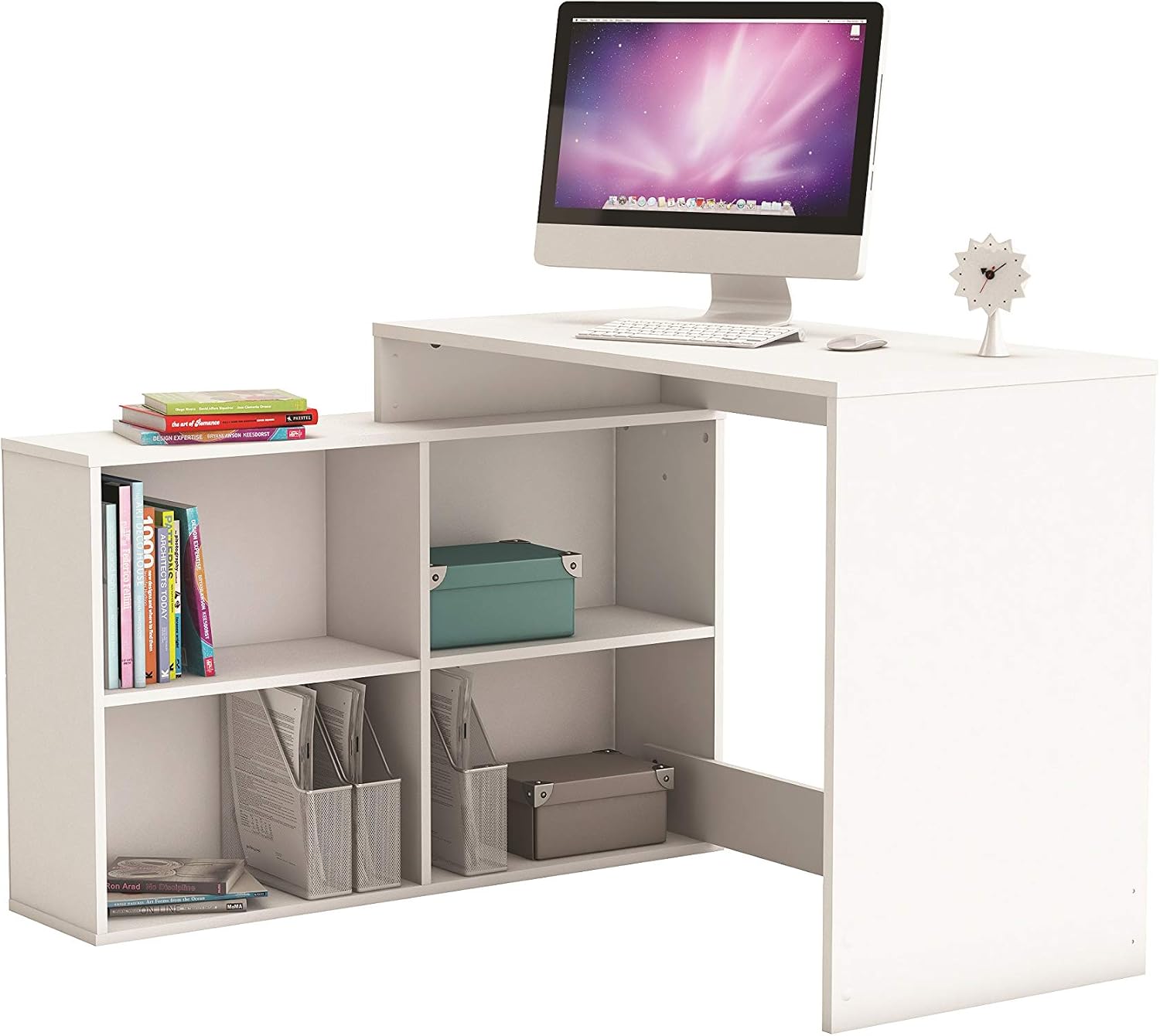 Demeyere 254460 Corner Desk, Wood, Pearl White, Shannon Oak, 111.9x100.7x76.7 cm