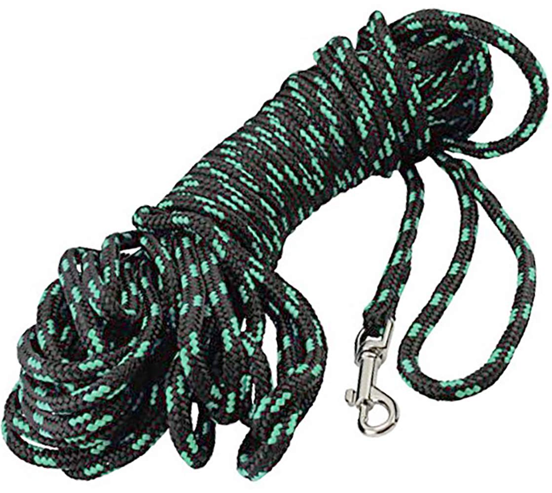 Braided Nylon Rope Tracking Dog Leash, Black with Green 15-Feet/30-Feet/45-Feet/60-Feet Training Lead for Small and Medium Dogs (30ft, Small - Diam 1/4" (6mm))