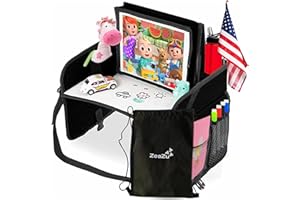 ZEAZU Kids Travel Tray with Bag - Toddler Car Seat Tray, Foldable Lap Travel Table Desk with iPad Holder, Drawing Board, Storage Pocket Organizer for Child Road Trip, Car Stroller, Airplane - Black