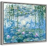 Wieco Art Framed Wall Art Canvas Print of Water Lilies by Claude Monet Paintings Reproduction Modern Canvas Wall Art for Home and office Decoration Abstract Artwork Silver Frame