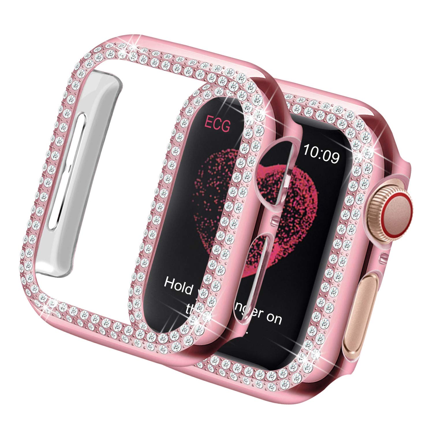 Yolovie Compatible for Apple Watch Case 44mm Series 6 SE Series 5 Series 4 iWatch Face Cover with Bling Crystal Diamonds Shiny Rhinestone Bumper Protective for Women(Double Diamonds, 44mm Pink)