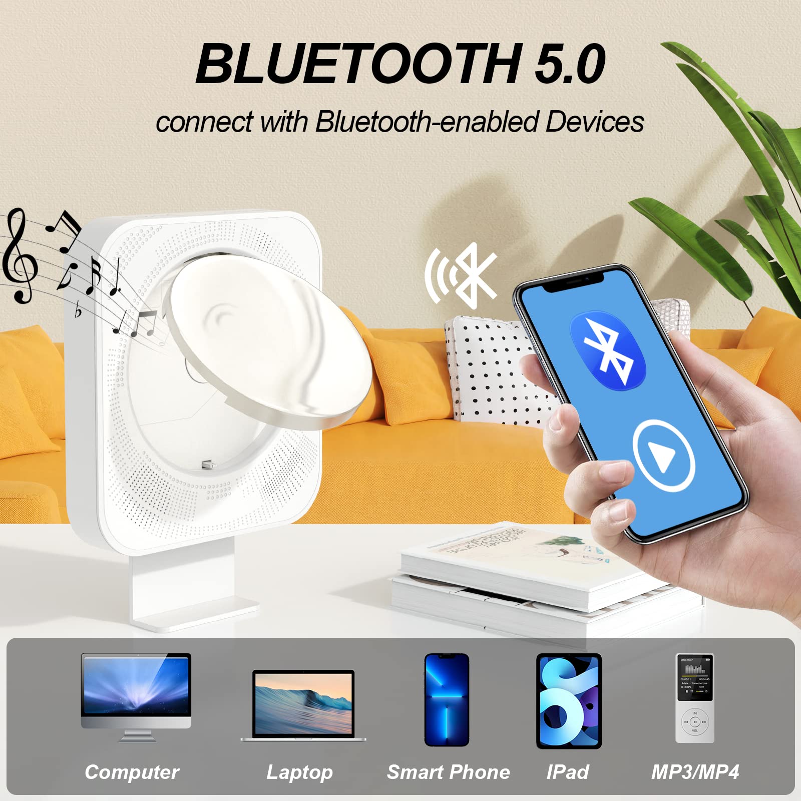 CD Player Bluetooth 5.0, Radio CD Player with HiFi Speaker, Portable CD Player for Home CD Music Player with Remote Control,Cute CD Player Audio Boombox with FM Radio USB/AUX Port