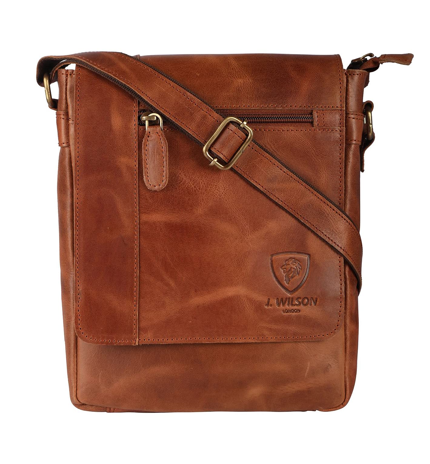 J. Wilson London 100% Pure Genuine Real Vintage Hunter Leather Handmade Mens Leather Flapover Everyday Cross-Body Shoulder Work Messenger Bag (Distressed Crunch Tan)