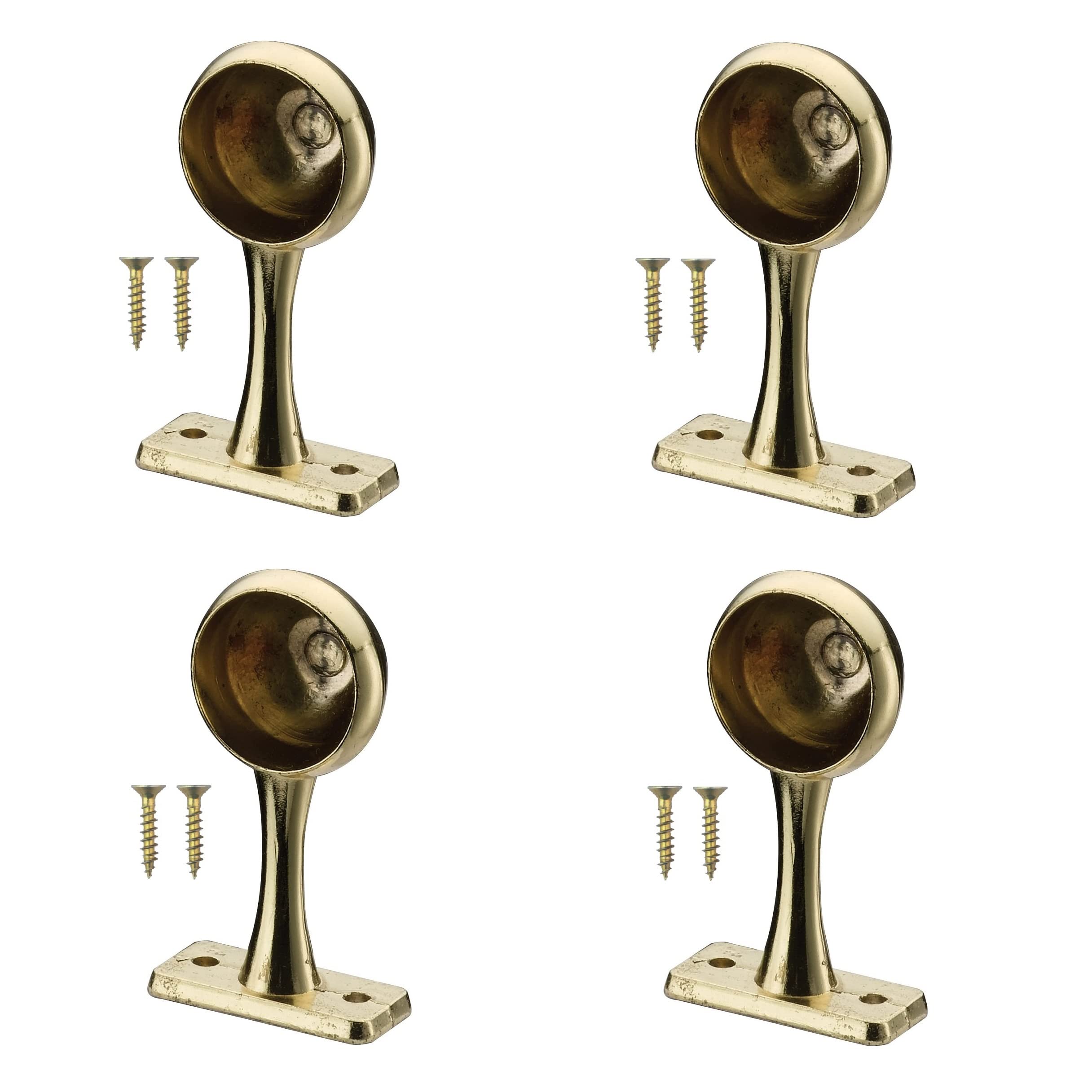 TERF® Polished Brass Curtain Pole End Bracket for Up to 19mm Diameter Curtain Rail Ceiling and Wall Mount Rod Holder Wardrobe Shower Curtain Closet Lever Rail End Support with Fixing - Pack of 4