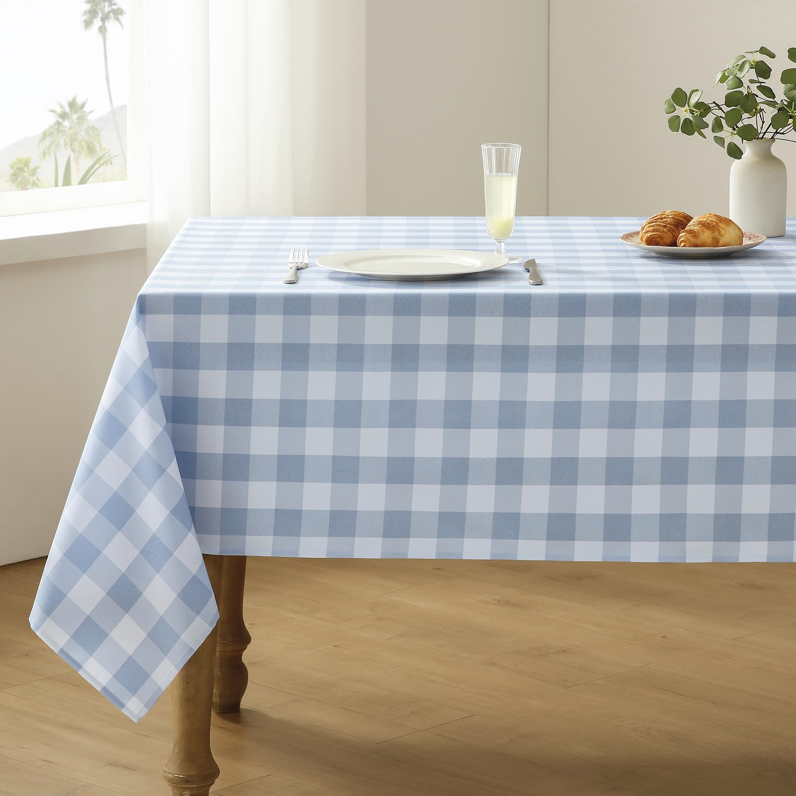Photo 1 of Veblandy Checkered Tablecloth Rectangle Waterproof Gingham Table Cloth Washable Buffalo Plaid Table Cover Wrinkle Free for Kitchen, Dining and Outdoor Picnic, 60 x 120 Inch, Light Blue and White