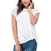LUSMAY Womens Casual Short Sleeve Lace T Shirts Loose Twist Knot Front Blouse Tops