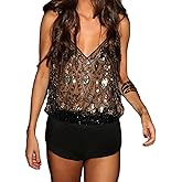Women Sequin Tank Top Sexy Sleeveless V Neck Sheer Mesh See Through Sparkly Glitter Top Party Club Rave Outfits
