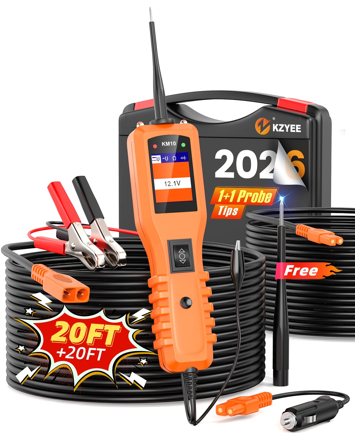 KZYEE KM10 Car Power Circuit Probe Kit, 12V 24V Automotive Circuit Tester, AC DC Diode Resistance,Component Activation,Short/Ground/Continuity/Trailer Test,20FT+20FT Cable