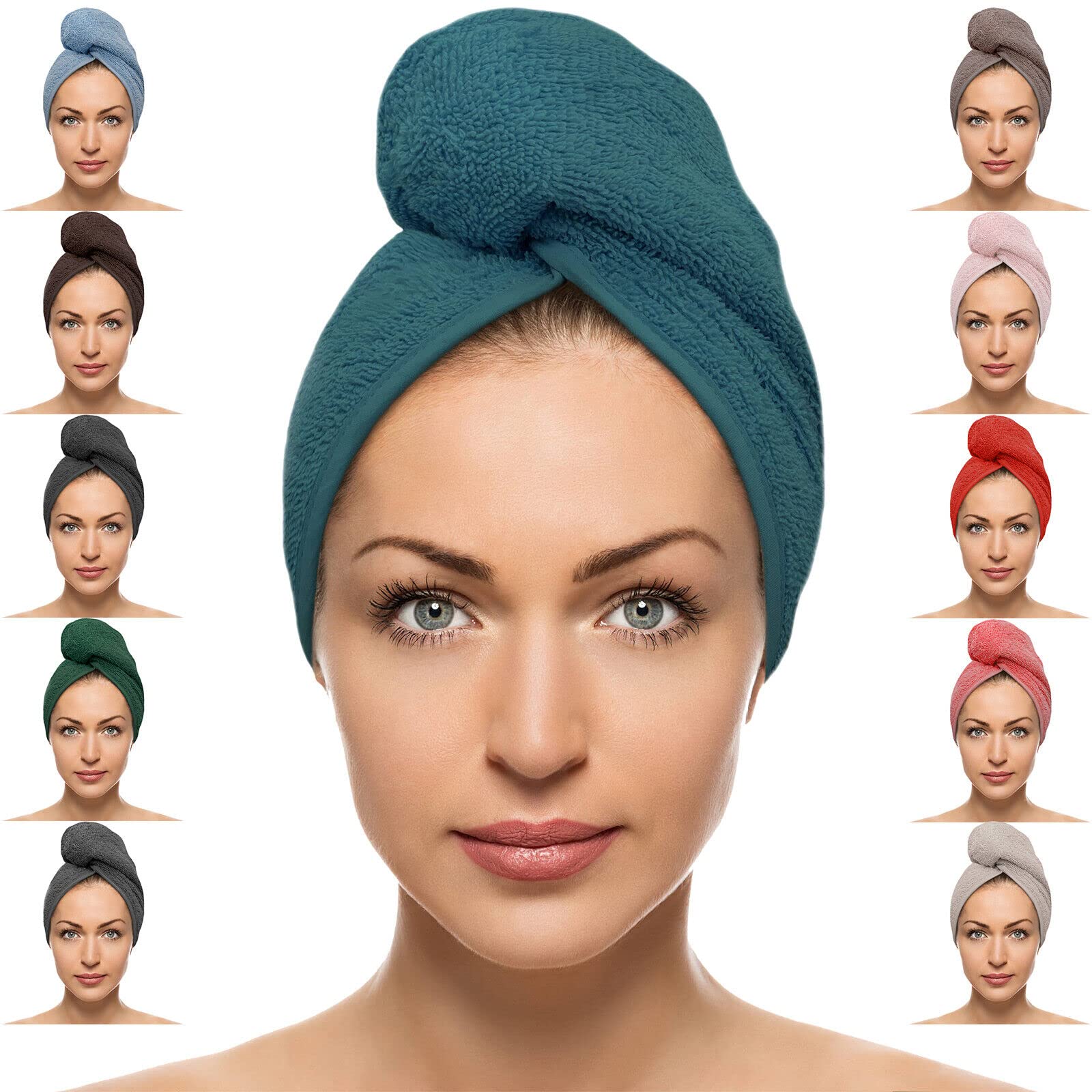 FAB-ON UK Hair Dry Towel 100% Cotton Turban Style Instant Drying Quick Absorbent Lightweight Button & Loop Closure One Size Hair Dry Cap For Curly Long Hair 64x24 CM