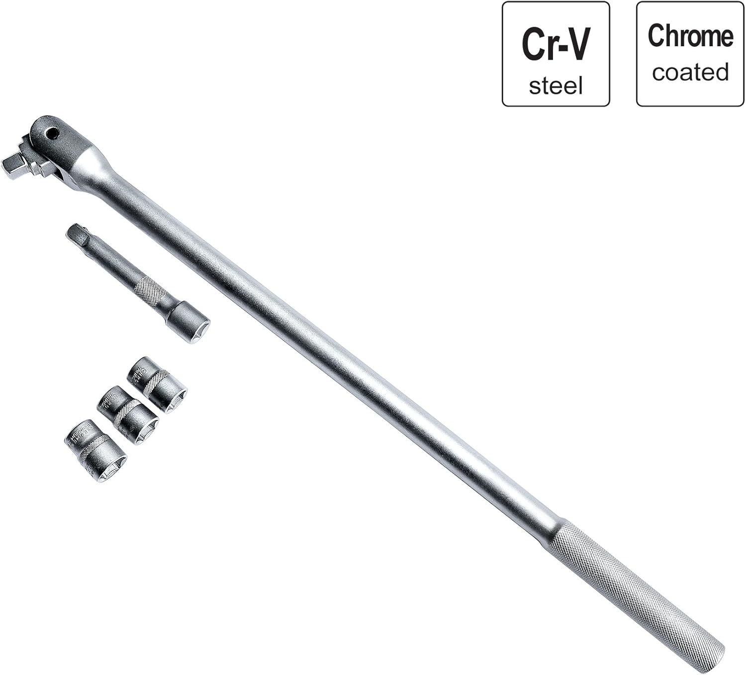 S&R Breaker Bar 1/2-Inch with Nuts Set, diameter 16 mm / 1/2 Inch, Length: 600mm, with Extension and 3 Inserts 17mm, 19mm - Image 3