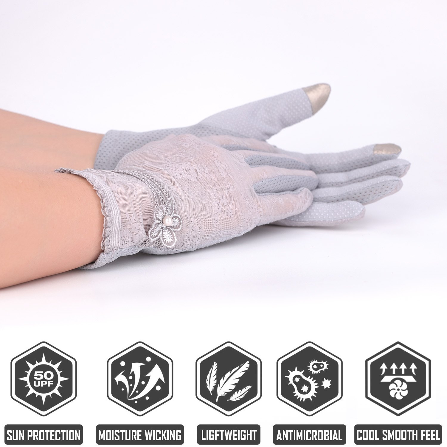 Flammi Womens UV Protection Sun Driving Gloves Lace Touch Screen Non