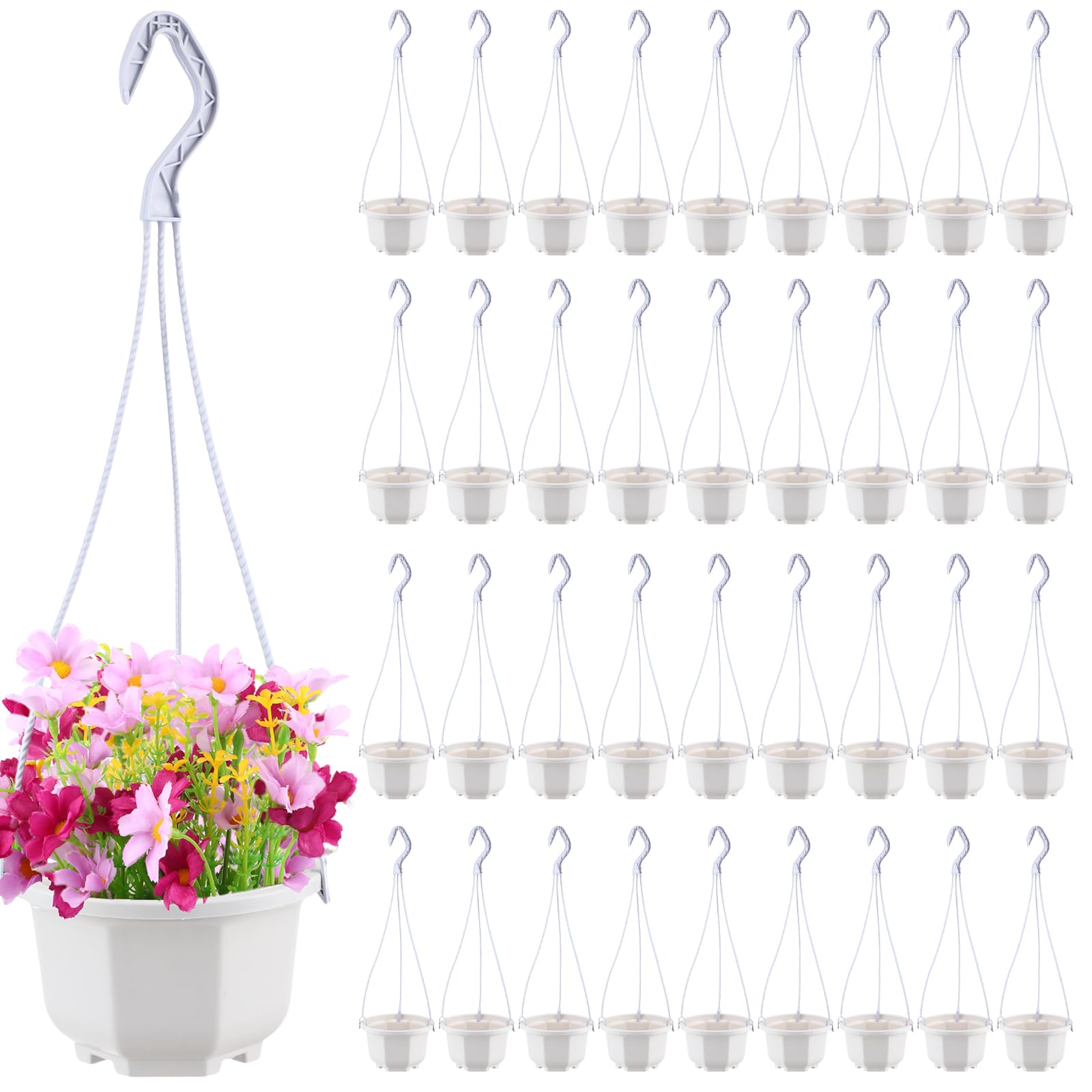Photo 1 of Roshtia 24 Pcs Hanging Plastic Planter Pot with Hook Flower Pots Baskets Hanging Nursery Planter Holder for Outdoor Indoor Plant Garden (Ceramic White,5 Inch)