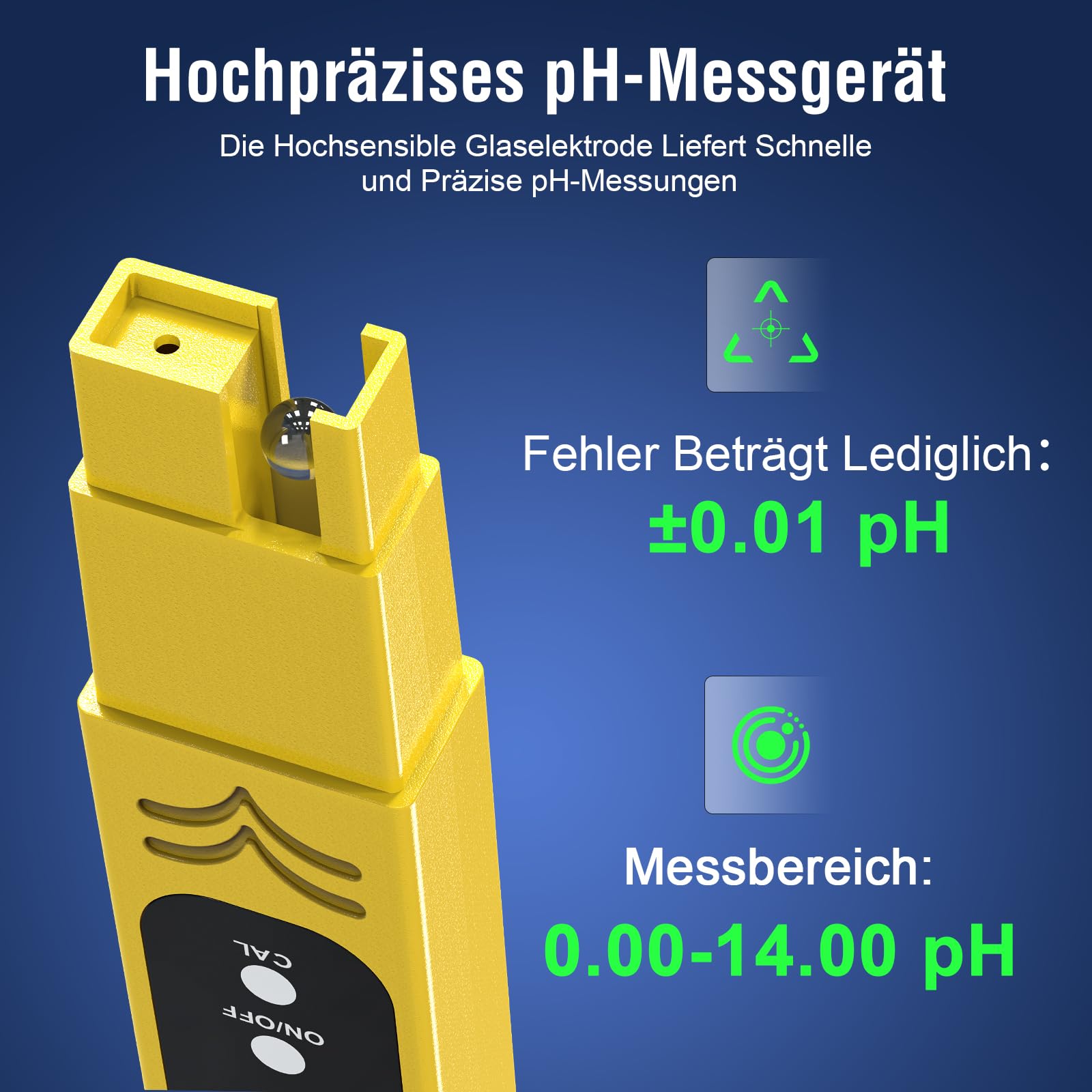 Keero pH Messgerät Hochpräzision (± 0.01), Water Tester, pH Wert Messgerät Pool mit Blau Hinterleuchtetem LCD-Display & Automatischer Temperaturkompensation,für Trinkwasser/Poolwasseranalyse-Gelb 3