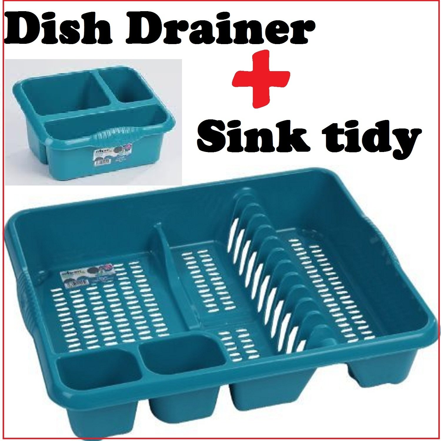 TEAL DISH DRAINER AND SINK TIDY CUTLERY HOLDER ORGANIZER PLATE RACK