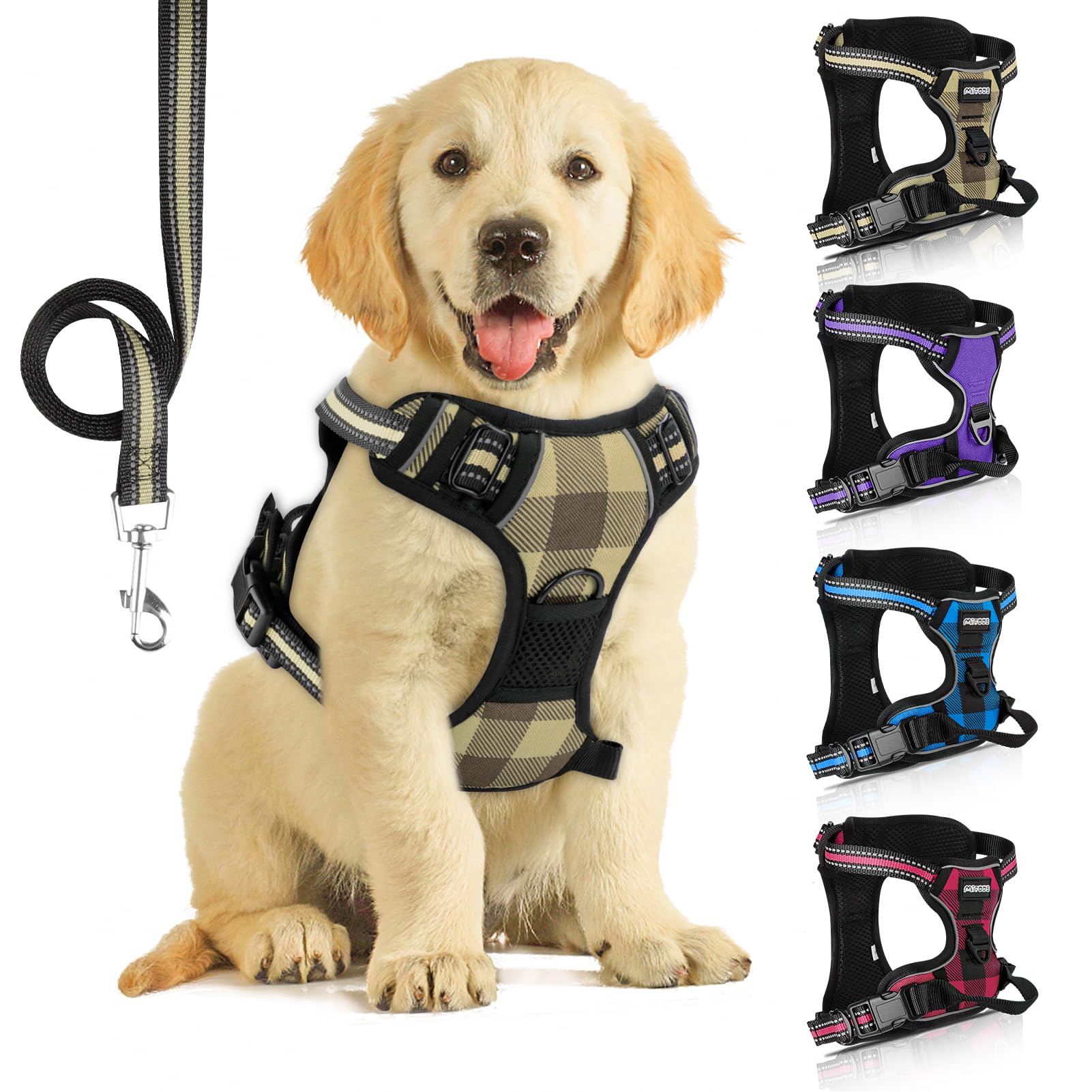 SIBOTER Dog Harness, Anti-Pull Reflective Dog Harness with Lead for Outdoor Training (Yellow Plaid, L)