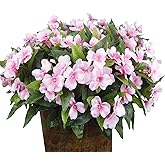 FAICOIA 8 Pcs Artificial Impatiens Flowers for Outdoors Faux Impatiens Bushes Pink Silk Flowers Greenery Artificial Impatiens Bouquet for Patio Lawn Garden Pot Hanging Basket Porch Decoration