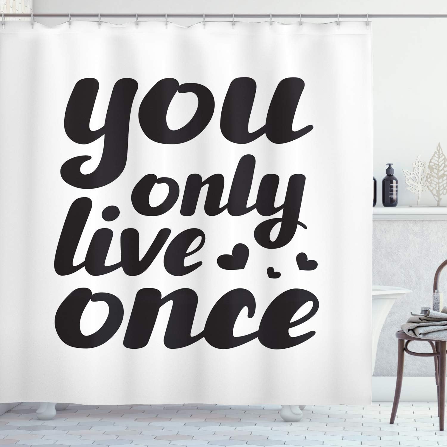 Abakuhaus Yolo Shower Curtain You Only Live Once Message With Black Hearts Captivating Modern Words About Life Cloth Fabric Bathroom Decor Set With Hooks 86 Inches Extra Long Black And White Amazon Co Uk