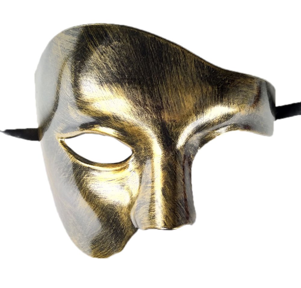 Coolwife Masquerade Mask Vintage Phantom Of The Opera One Eyed Half Face Costume (Antique Gold)