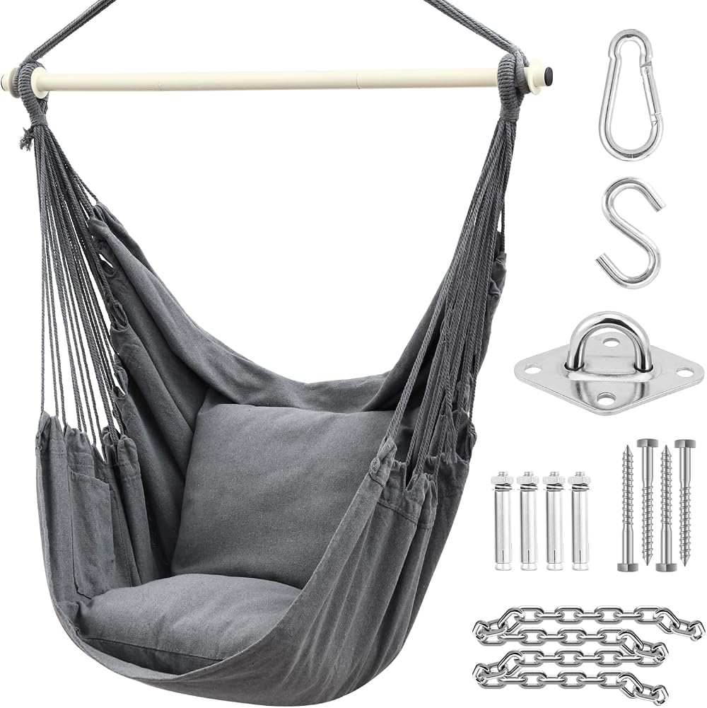 Ohuhu XL Swing Chair with Hardware Kit Gray 150kg Capacity Cushions