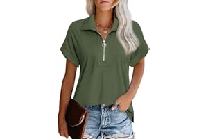 Vivilli Women's Short Sleeve Tops and Blouses Zipper Collar V Neck Business Casual Tops Loose Fit Tunic Shirt Polo Shirts