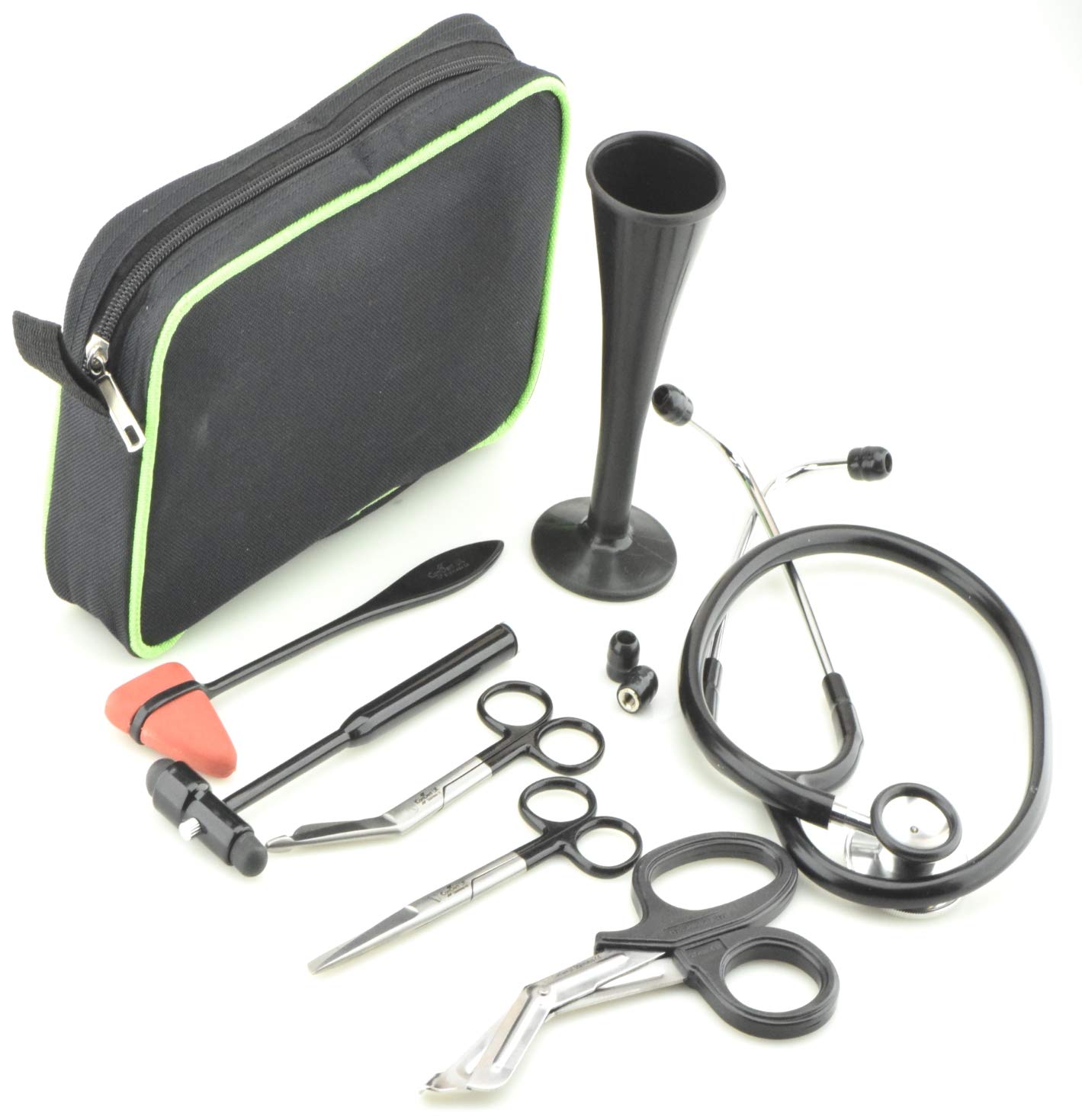 10 Pcs EMT Paramedic Doctor Nurse Diagnostic Stethoscope Scissors Set in Case Complete in 6 Colours (Black)