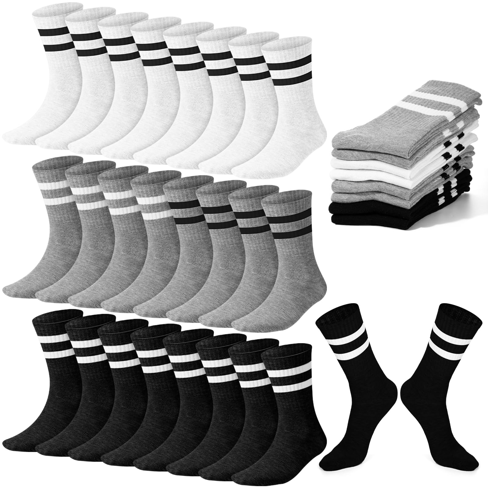 Photo 1 of Eurzom 20 Pairs Athletic Striped Crew Socks for Men Women Cotton Retro Socks with Stripes for Skateboard Running Daily(Light Gray, White, Black and Dark Gray)
