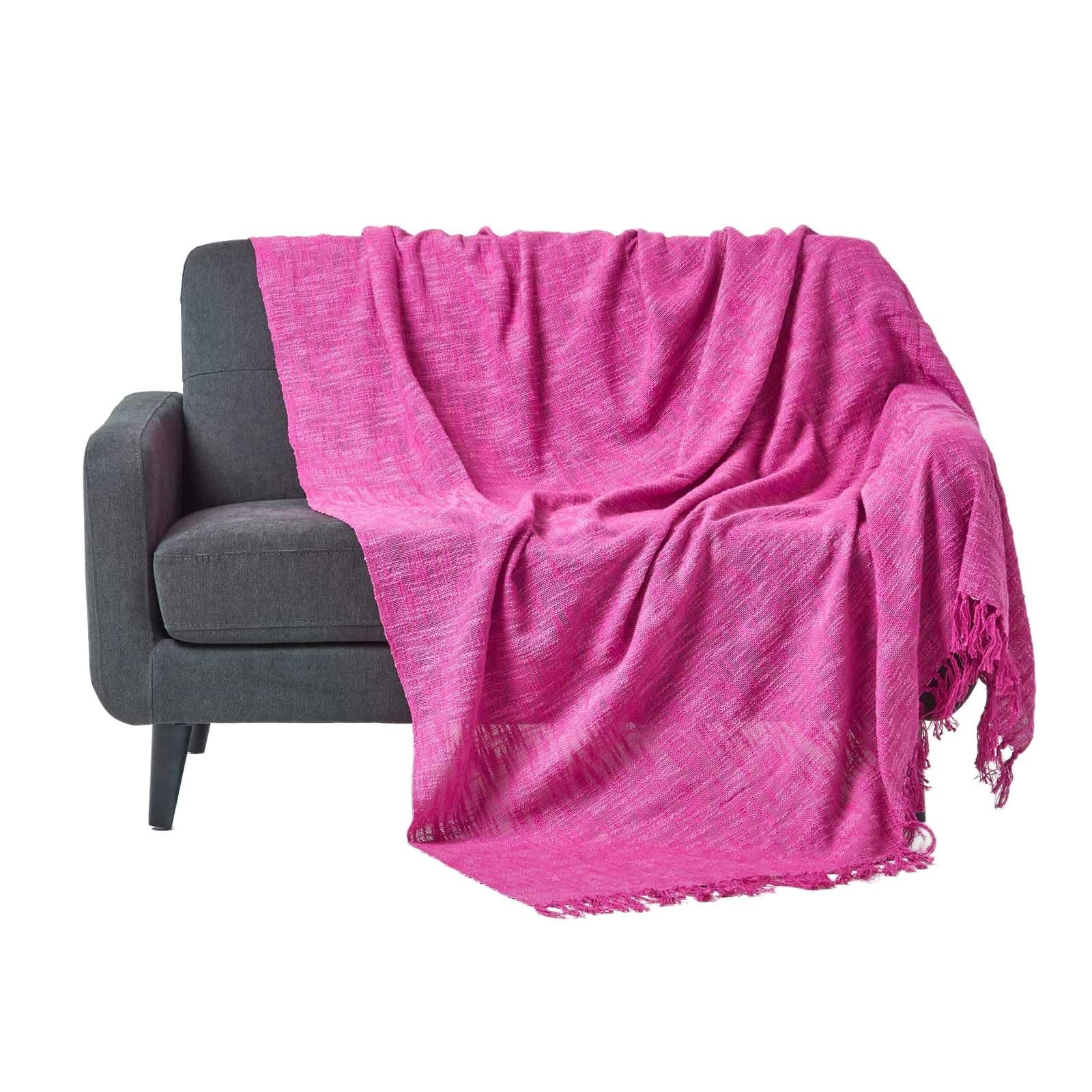 HOMESCAPES Nirvana Cerise Pink Handwoven 100% Pure Cotton Throw 90 x 100 Inches, Bedspread Blanket with Handknotted Tassles in Very Durable and Heavy Quality, Easy-Care and Washable at Home