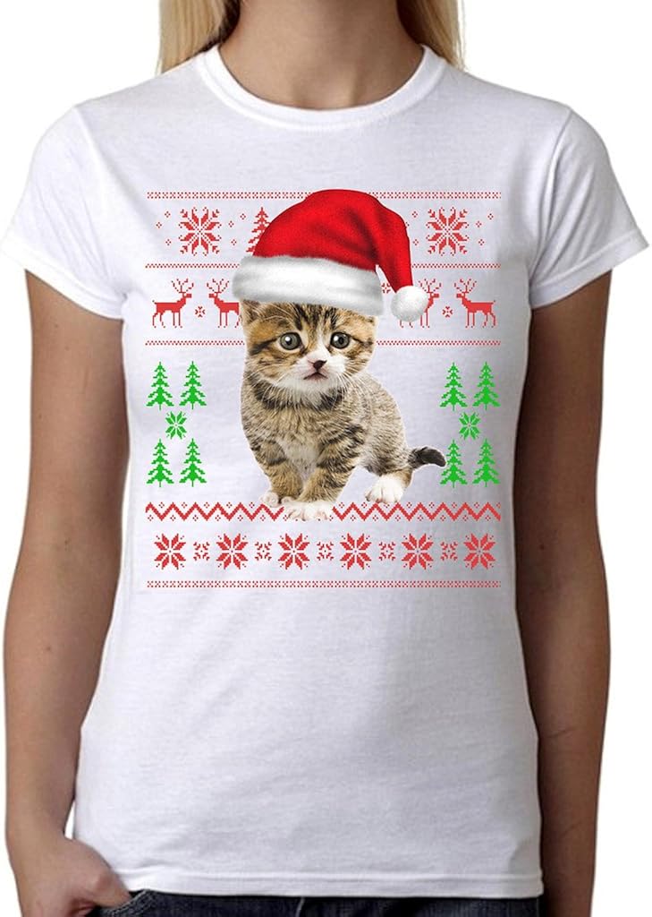 Junior's Christmas Kitten Cat Tee B1149 PLY White TShirt XLarge at