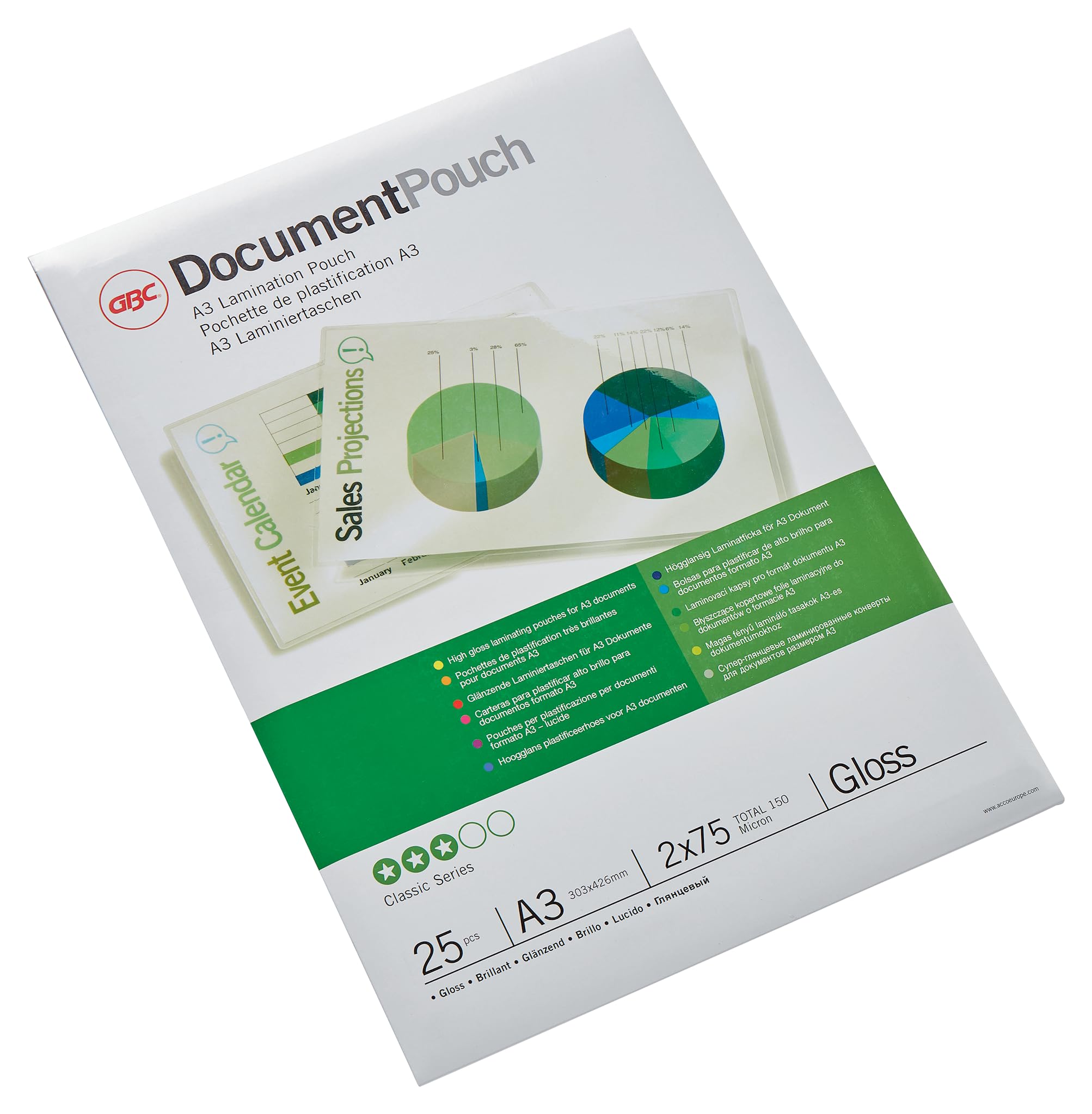 GBC A3 2x75 Micron Gloss Laminating Pouches, Pack of 25, 3740486