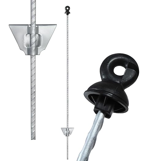 Weidezaunpfähle Federstahlpfahl mit Ringisolator silbergrau 25 Stück - Abfallen des Trittblechs unmöglich