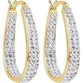 Crystal Hoop Earrings - Silver Plated Inside Out Oval Shape Hoop Earrings for Women, 1.2 Inch