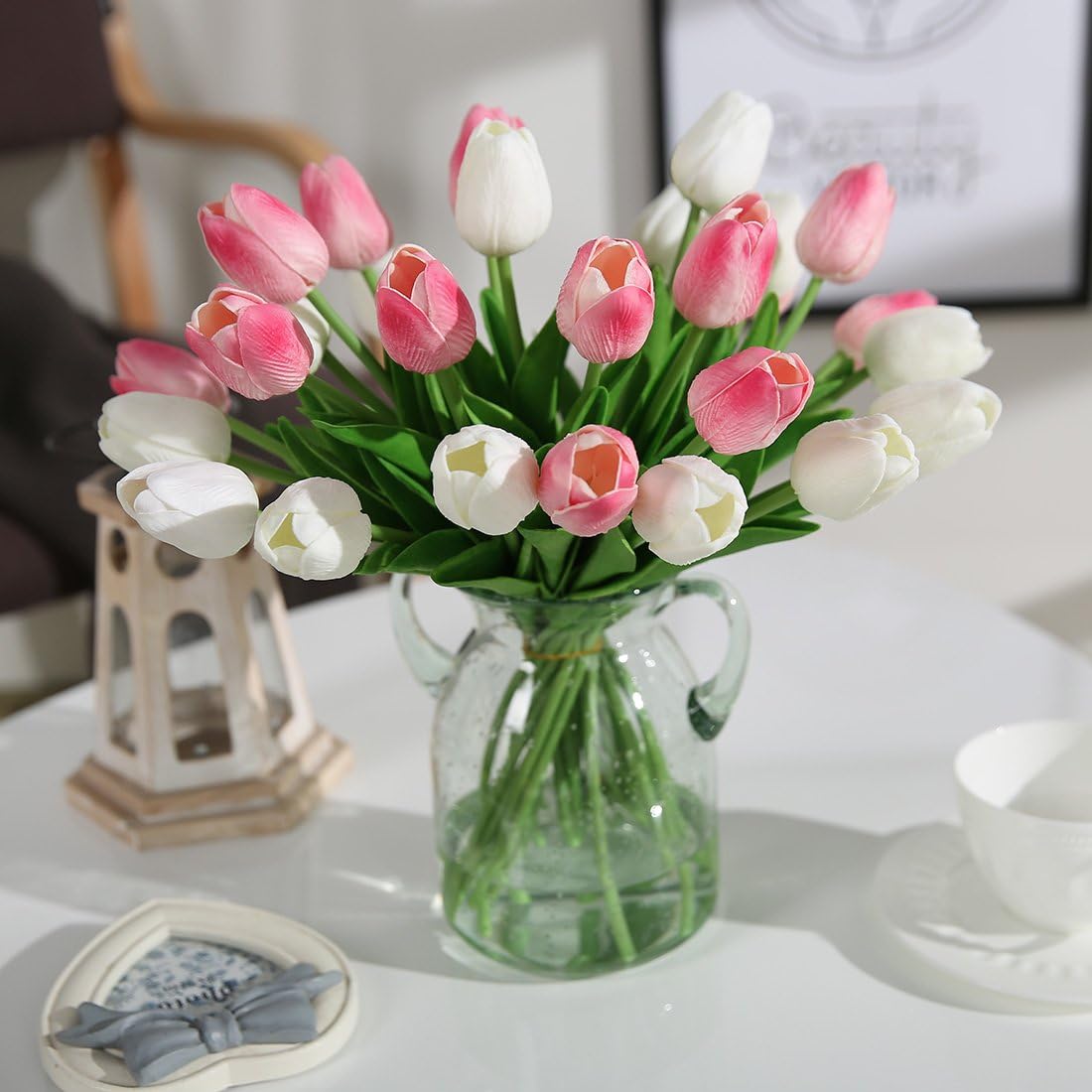 JUSTOYOU 10pcs Real Touch Latex Artificial Tulips Flowers Fake Tulips Flowers Wedding Bouquets for Wedding Home Garden Decoration (White) - Image 4