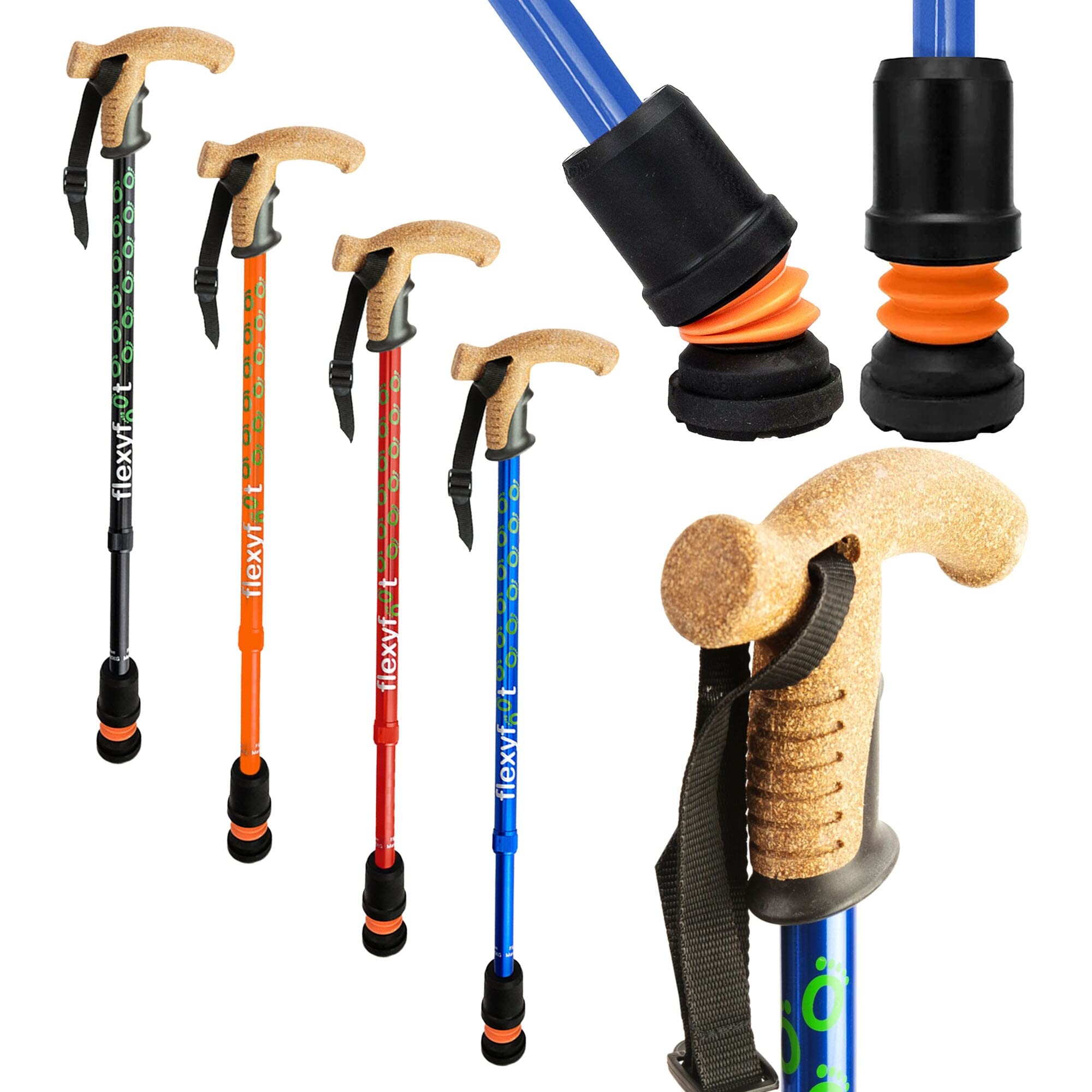 Flexyfoot Shock Absorbing Cork Handle Walking Stick - Improved Comfort, Improved Grip, Improved Safety – Colour: Blue