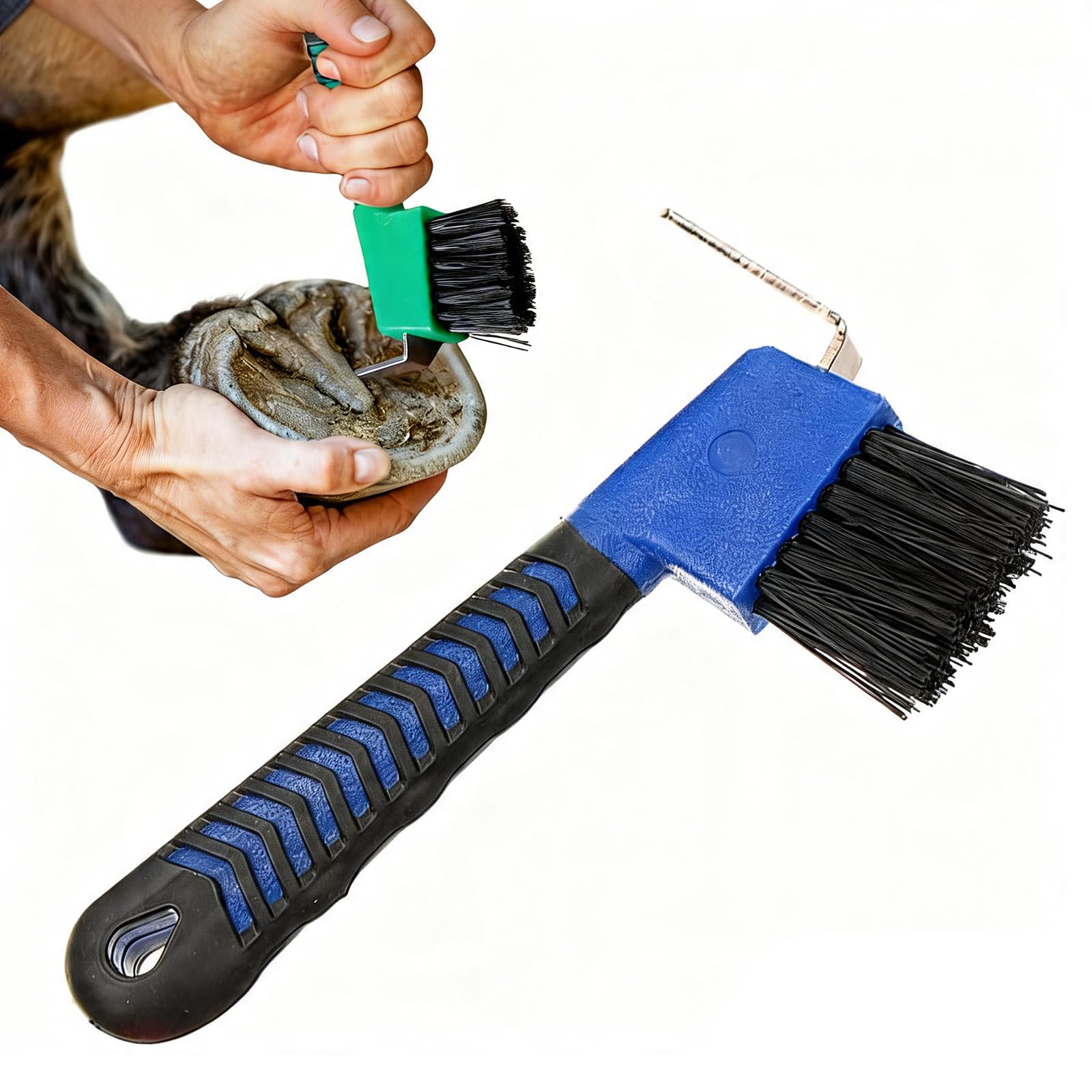 Horse Hoof & Wheel Cleaning Brush with Handle | All-in-One Hoofpick Brush for Horse, Donkey, Goat | Tire & Boot Groove Cleaner | Heavy Duty Horses Hoof Care & Shoe Repair Tool (Random Color)