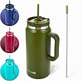 FAHRMOSIS 64 Oz Tumbler with Handle and Straw Half Gallon Water Bottle Stainless Steel Travel Mug for Hot & Cold Drinks, Reusable Water Bottle with Lids and Straw - Army Green