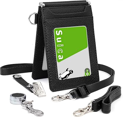 Amazon Peyne 定期入れ メンズ レディース パスケース 本革 バタフライ ネームホルダー Idケース Idカードホルダー 伸縮リール式 クリップストラップ付き 3点セット ケース ハンドストラップ ネックストラップ ネイビー 定期入れ