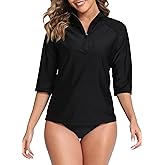 Halcurt Women's 3/4 Sleeve Rash Guard Swimsuit Top High Neck Half Zip Swim Shirt Only UPF50+ Quick Dry Bathing Suit
