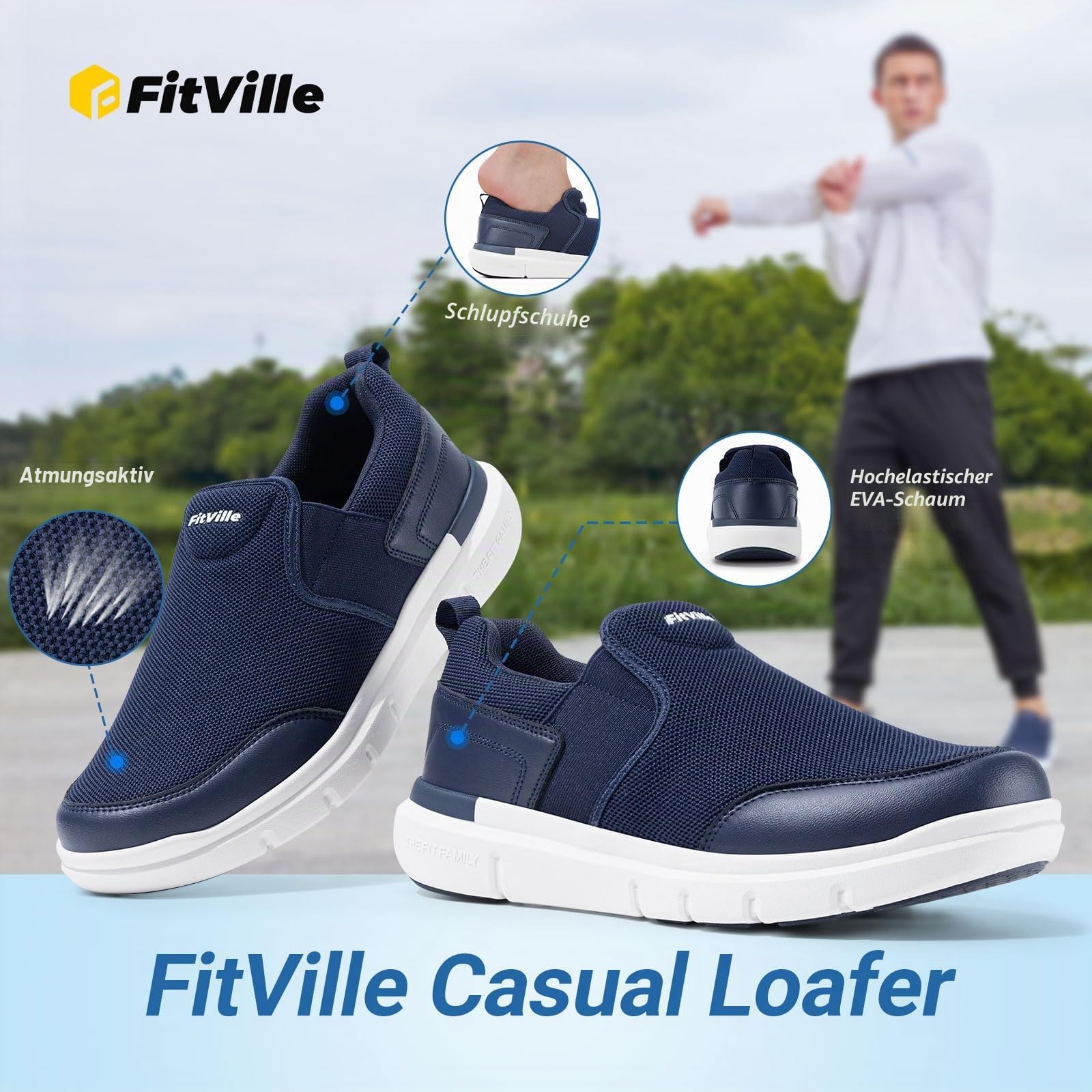 FitVille Slip On Sneaker Herren Extra Weite Turnschuhe rutschfest Walkingschuhe Breit Outdoor Schuhe Bequem Leichte Atmungsaktive Freizeitschuhe Mitternachtsblau 46 EU X-Weit 4
