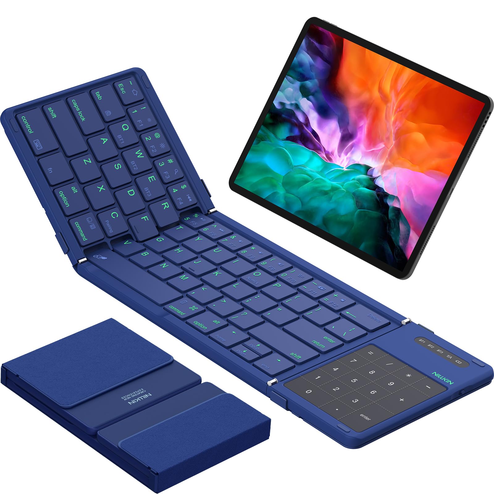 Photo 1 of **HAS ISSUES PAIRING ** Nillkin Foldable Bluetooth Keyboard with Touchpad & Number Pad, Portable Bluetooth Keyboard with Full Size Keys, Pocket-Sized Wireless Travel Keyboards for iPad, Smartphone, Tablet and Laptop Blue