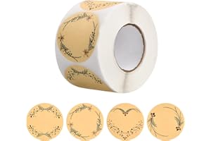 500 Pcs 2 Inch Kraft Labels Stickers, Brown Kraft Sticker with 4 Style Wreath Design, Round Self Adhesive Blank Canning Label